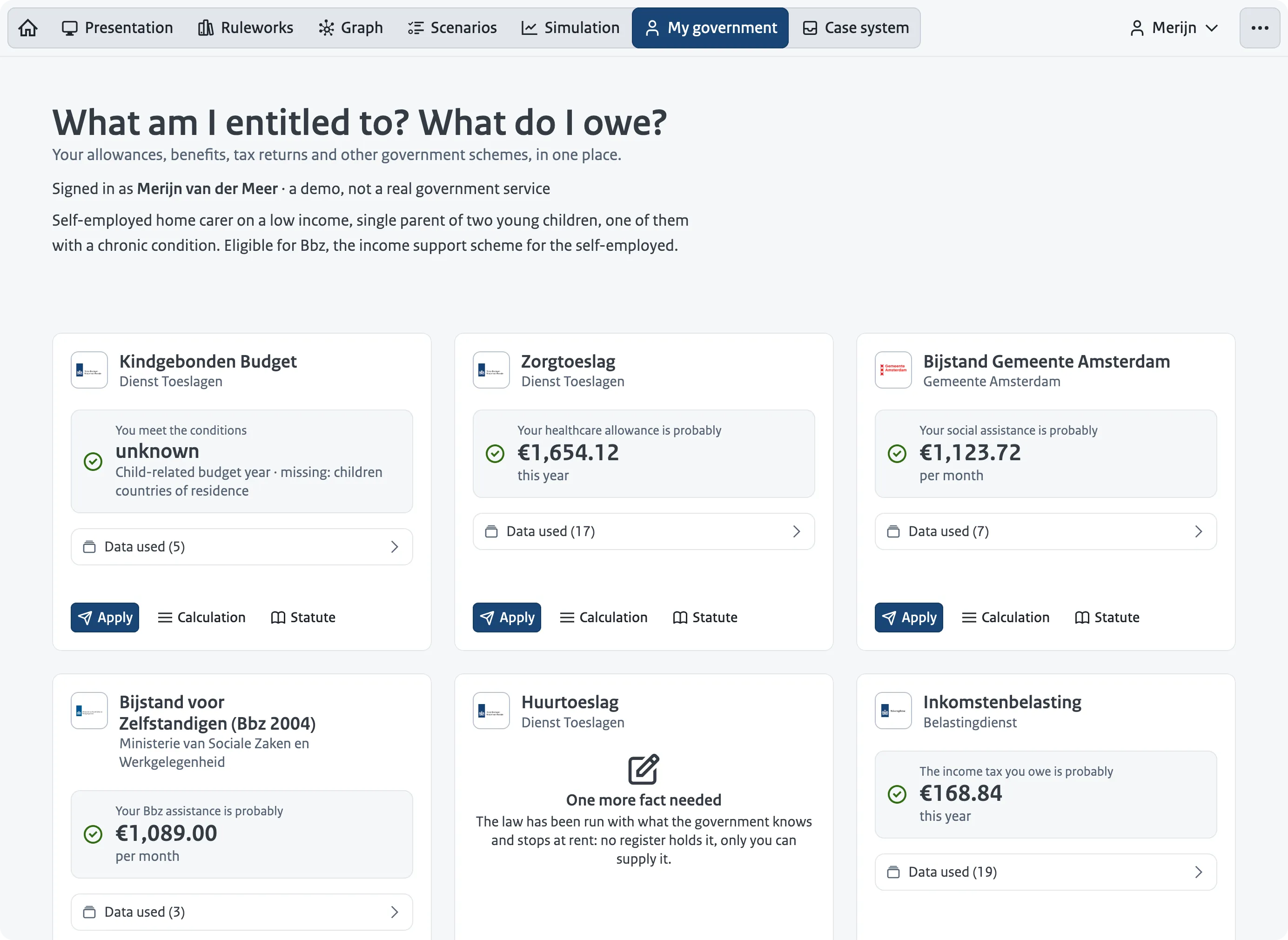 Screenshot of a personal rules dashboard: a list of benefits and allowances where each rule shows its origin in the law.