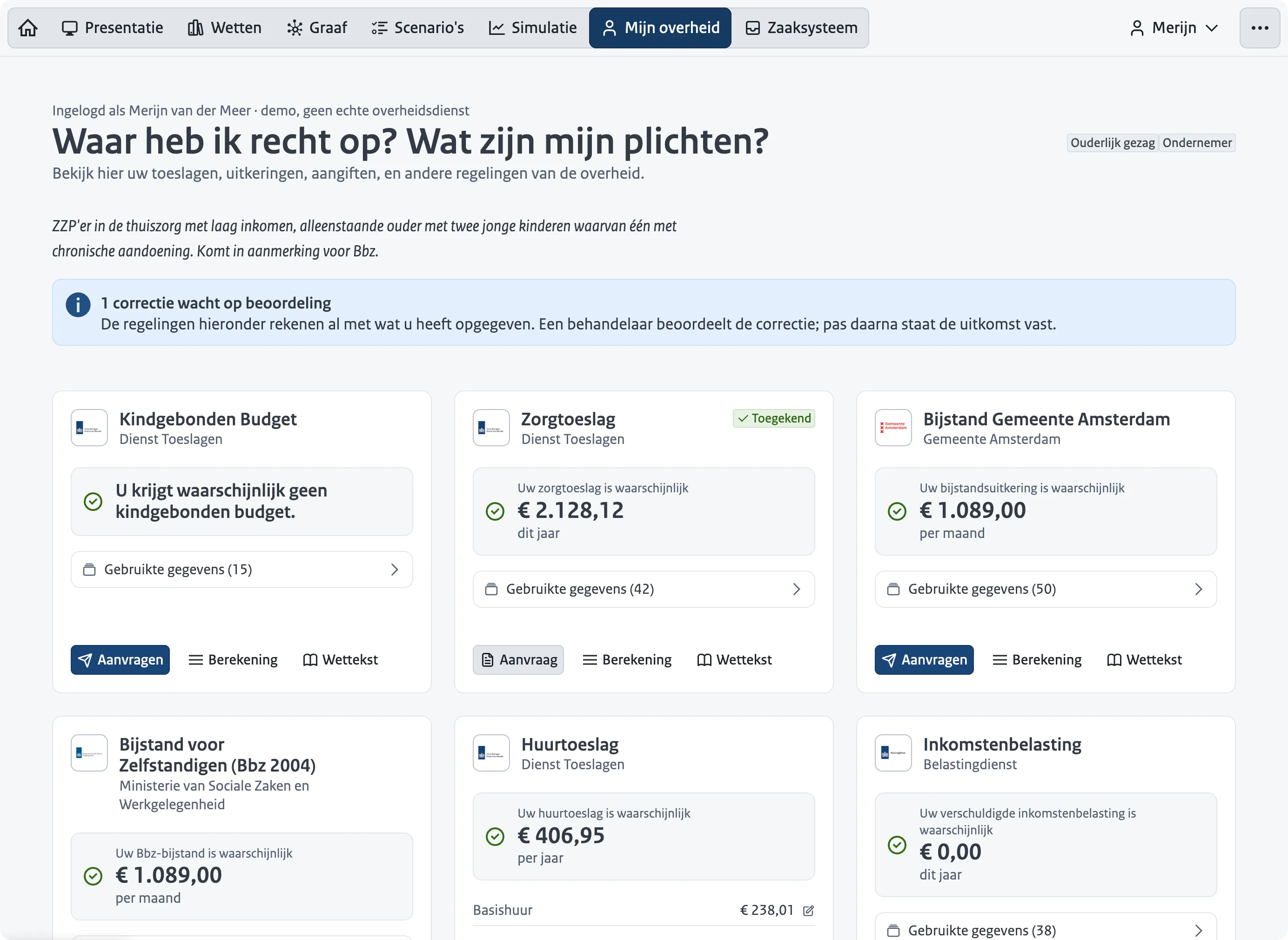 Screenshot of a personal rules dashboard: a list of benefits and allowances where each rule shows its origin in the law.