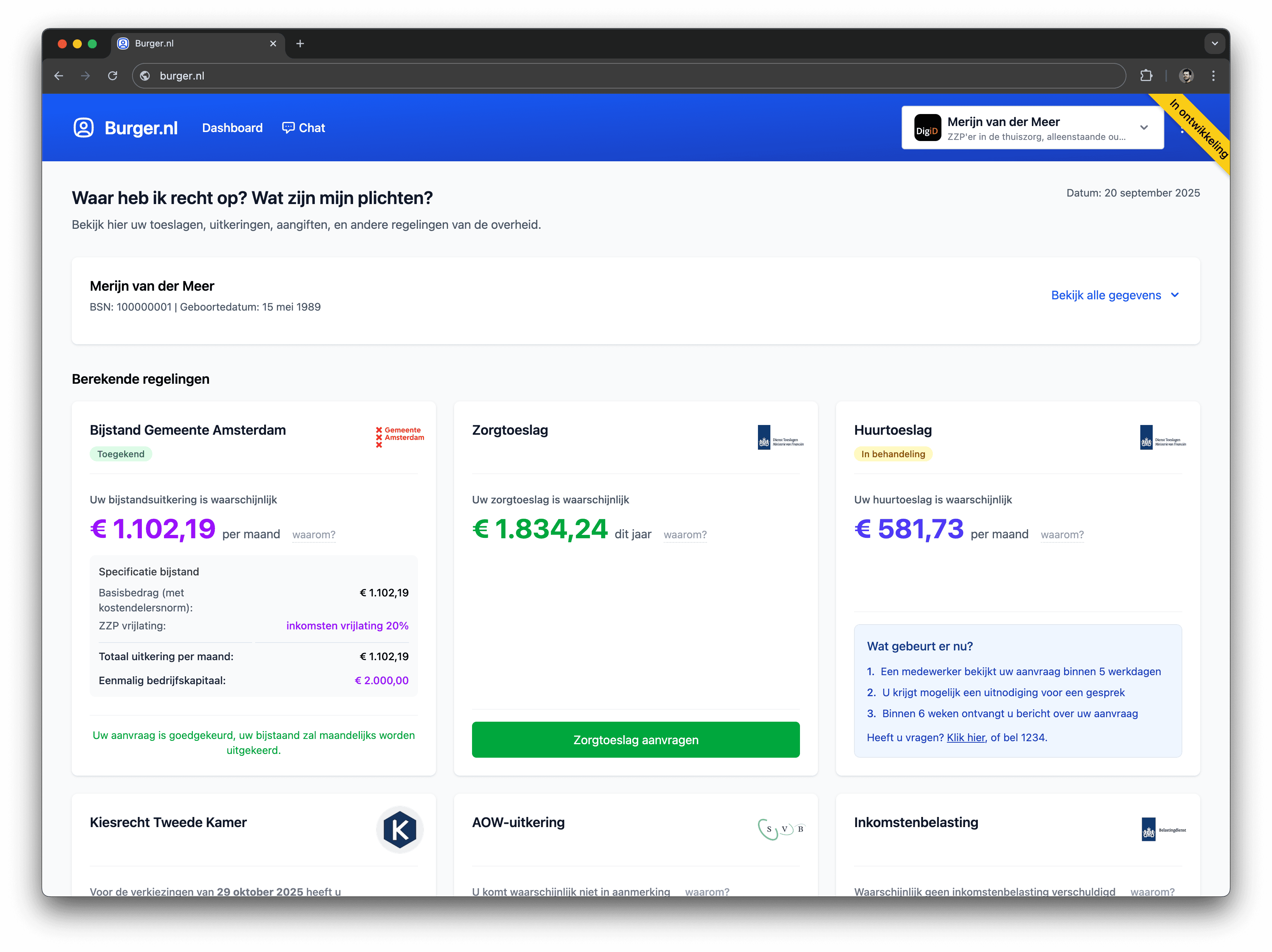 Schermafbeelding van een persoonlijk regeldashboard: een lijst met toeslagen en uitkeringen waarbij per regel de herkomst in de wet wordt getoond.